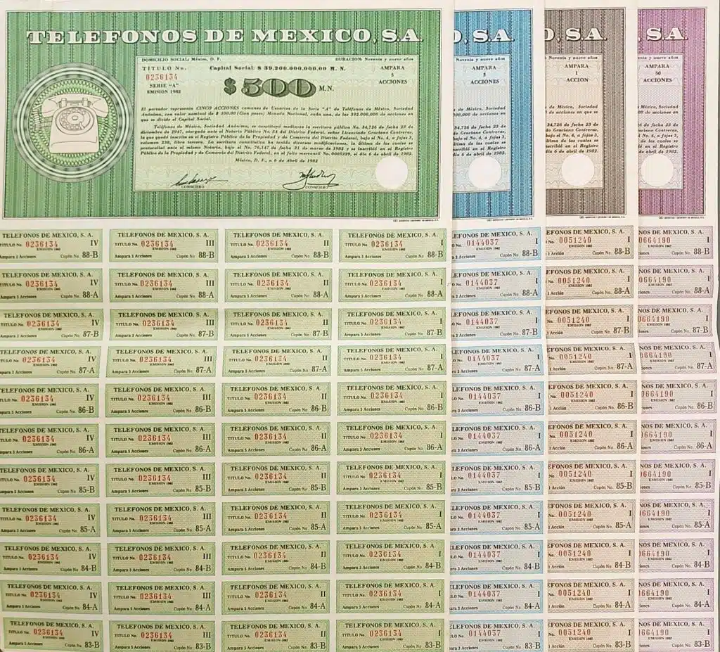 Títulos físicos de Teléfonos de México en distintos colores con cupones numerados