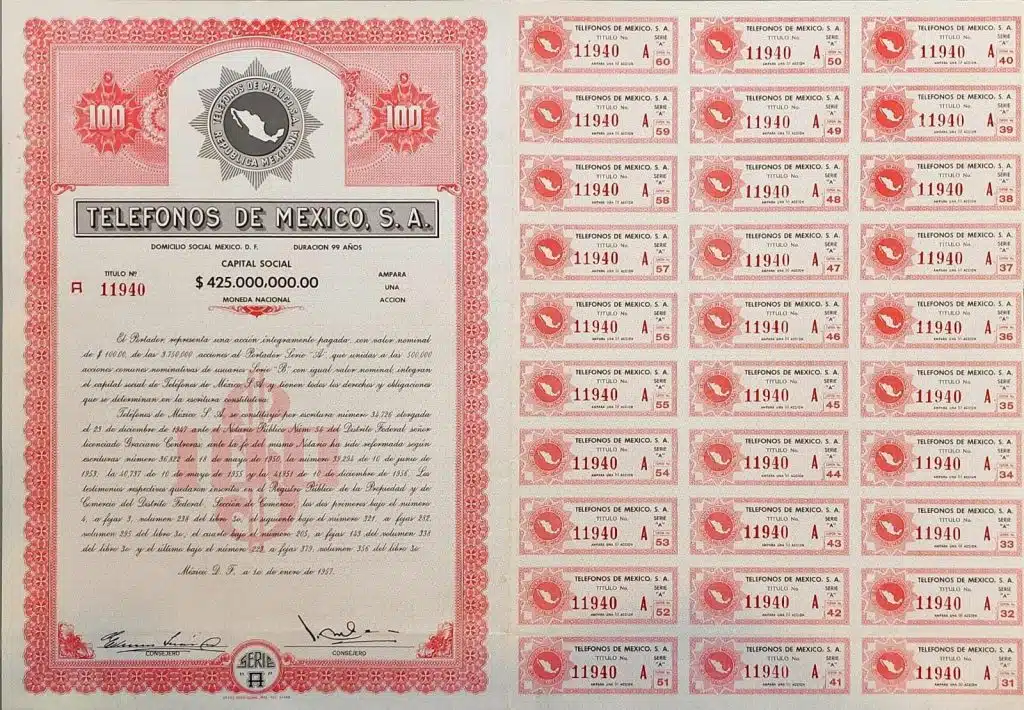 Título antiguo de Teléfonos de México que ampara una acción, con cupones numerados a la derecha
